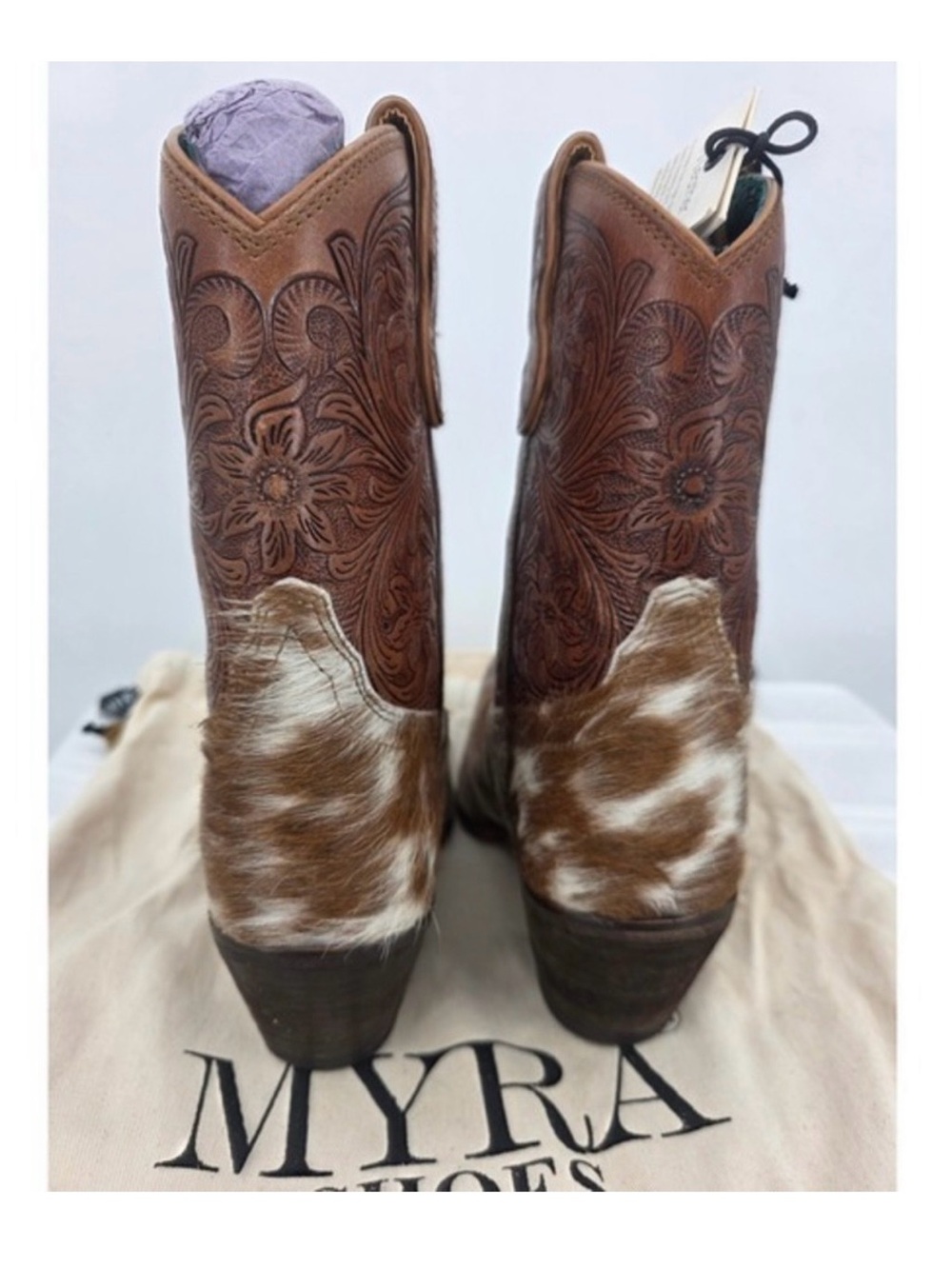 MYRA- Kelsey Anne Hair-on Hide Hand-tooled Leather Boots Brown/Cream Size 6 NWT - Picture 4 of 9